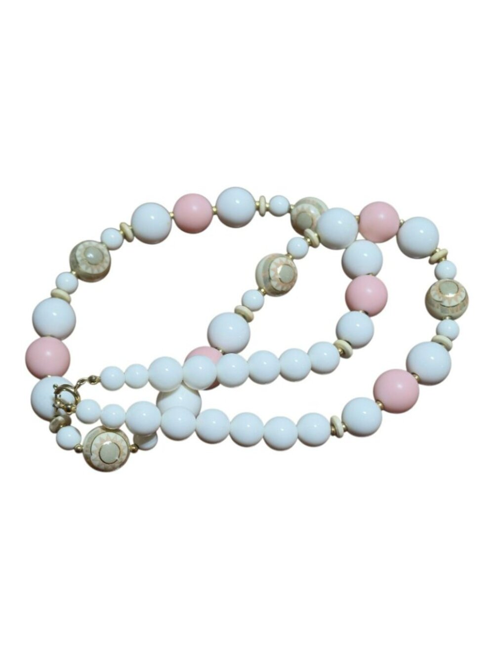 Vintage Pastel Pink White Plastic Bead Necklace Decorative Gold Accents - Picture 3 of 5